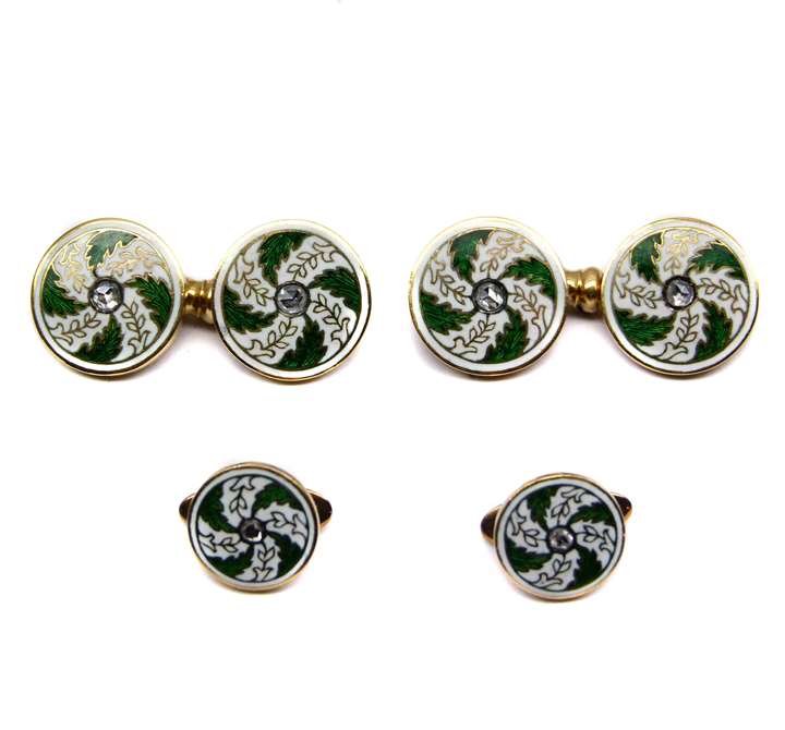 Early 20th century diamond, white and green enamel gentleman's dress set of cufflinks and two studs